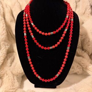 Vintage Red Natural Stone and Glass Beaded Necklace with Silver Designed Beads